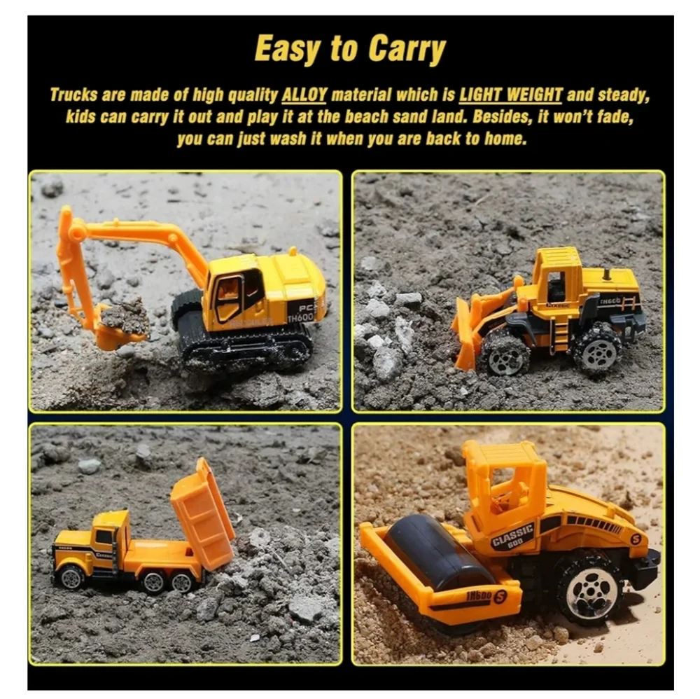 6 Pcs Mini Die Cast Car Set 1/64 Scale Alloy Construction Trucks - NIB